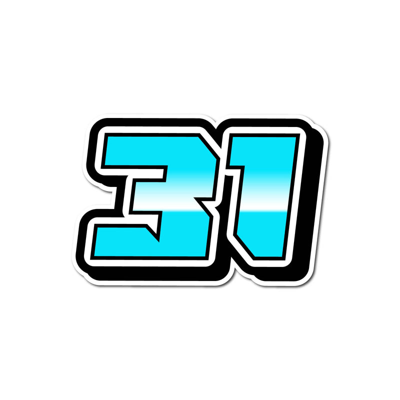 Three custom racing number stickers with gradient style for dirt bikes and motorcycles, featuring bold black numbers on colorful backgrounds.