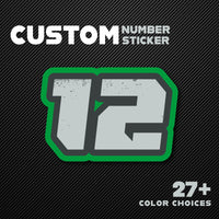 Three vintage American racing style number stickers for dirt bikes and motorcycles, customizable decals by MC Motoparts.