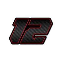 Three personalized racing number stickers in G011 carbon fiber style for dirt bikes and motorcycles, designed by MC Motoparts.