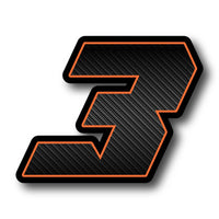 Three custom racing number stickers in G011 carbon fiber style for dirt bikes and motorcycles, designed by MC Motoparts.