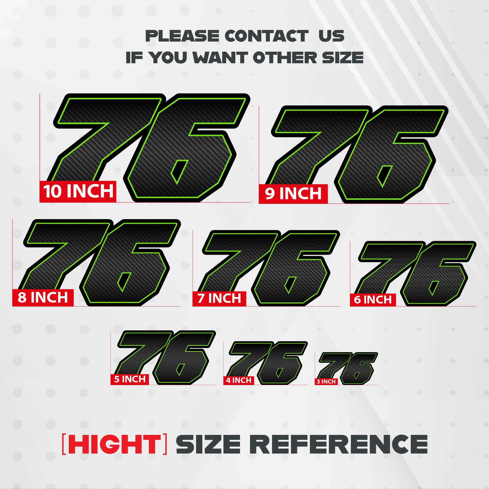 Three custom racing number stickers in G011 carbon fiber style for dirt bikes and motorcycles, personalized decal set by MC Motoparts.