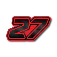 Set of three black carbon fiber racing number stickers with white lettering for dirt bike and motorcycle from MC Motoparts.
