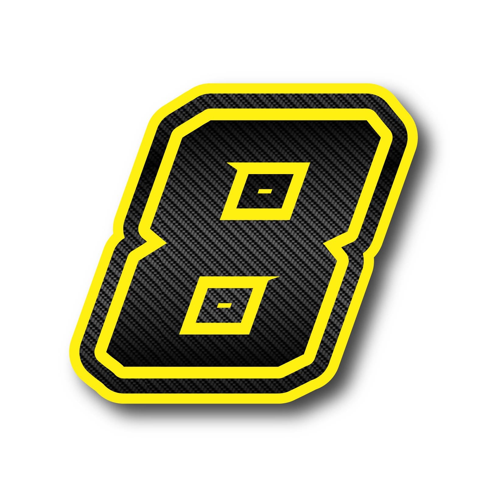 Set of three custom MC Motoparts G013 carbon fiber racing number and name decals on professional vinyl for dirt bikes and motorcycles.