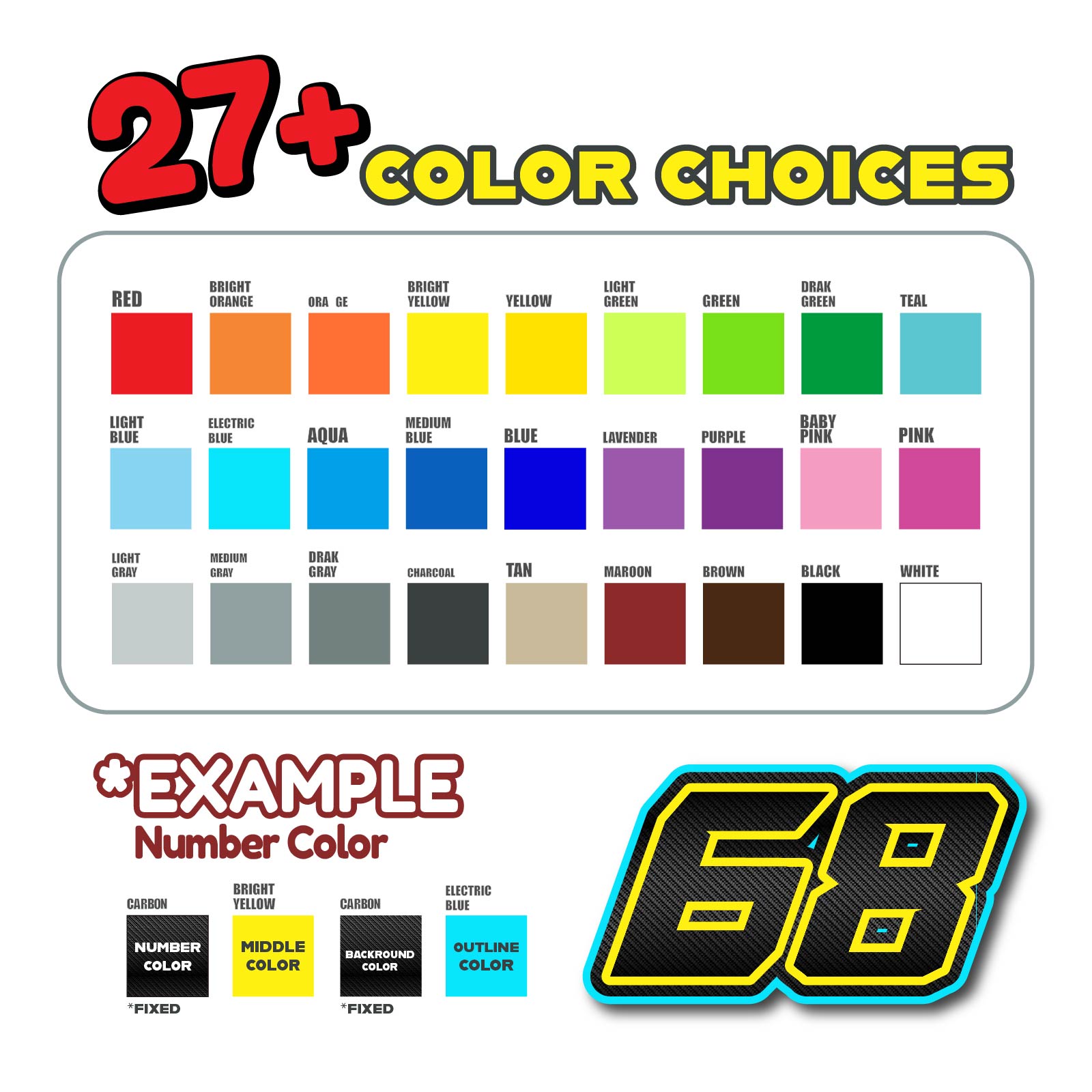 Custom Pro-Series G013 carbon fiber racing number and name decals on professional-grade vinyl, suitable for dirt bikes and motorcycles.