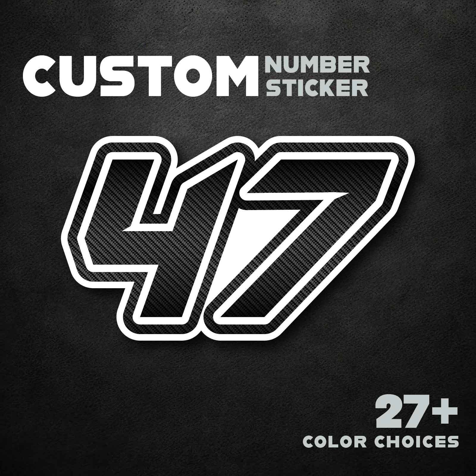 Set of three custom MC Motoparts G013 carbon fiber racing number and name decals on professional vinyl, designed for dirt bikes and motorcycles.