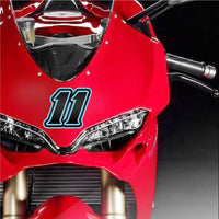 MC Motoparts custom G013 carbon fiber racing number and name decals on dirt bike, professional-grade vinyl, 3-pack bundle, installed on bike.