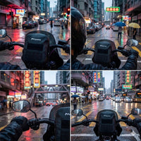 Pazoma waterproof motorcycle handlebar bag with tactical design, fits Harley Softail, Dyna, and Sportster models, mounted on handlebars.