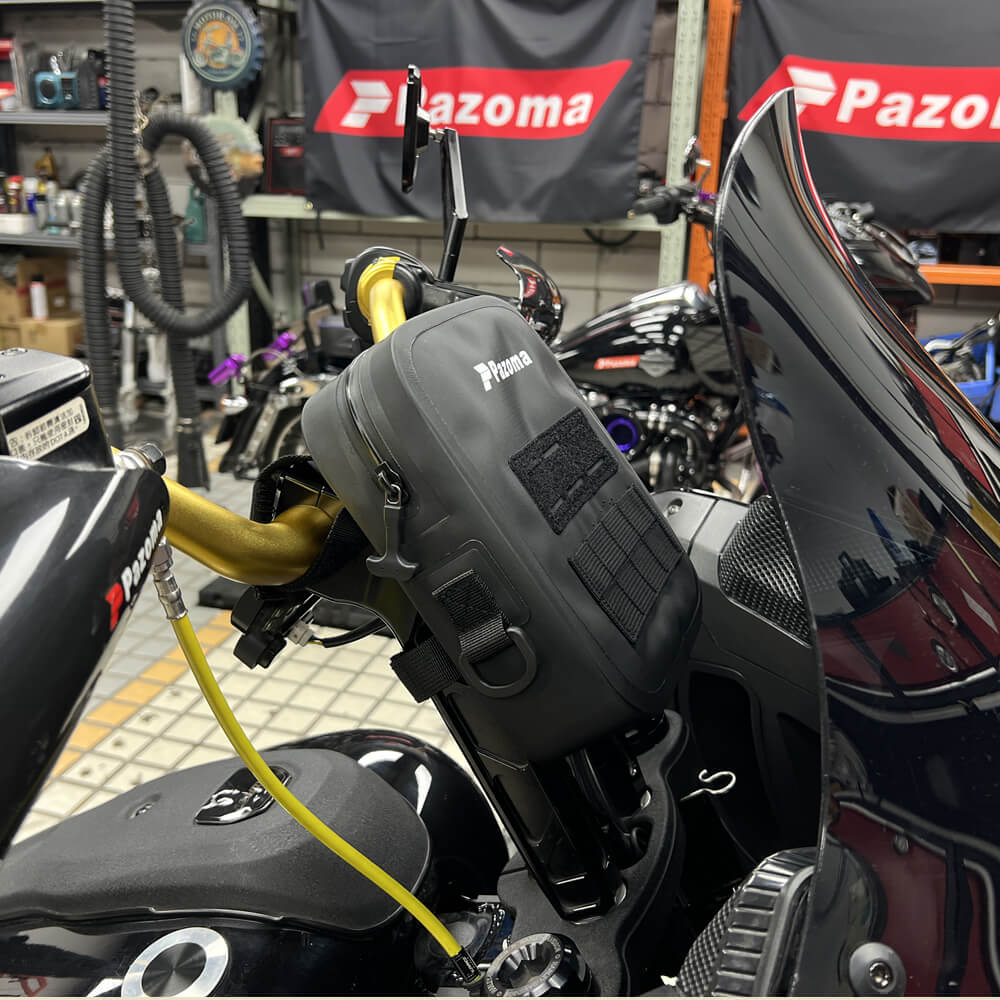 Pazoma waterproof motorcycle handlebar bag with tactical design for Harley Softail, Dyna, and Sportster bikes.