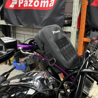 Pazoma waterproof motorcycle handlebar bag with tactical design for Harley Softail, Dyna, and Sportster bikes.