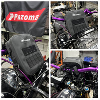 Pazoma waterproof motorcycle handlebar bag with tactical design, fits Harley Softail, Dyna, and Sportster models, mounted on handlebars.