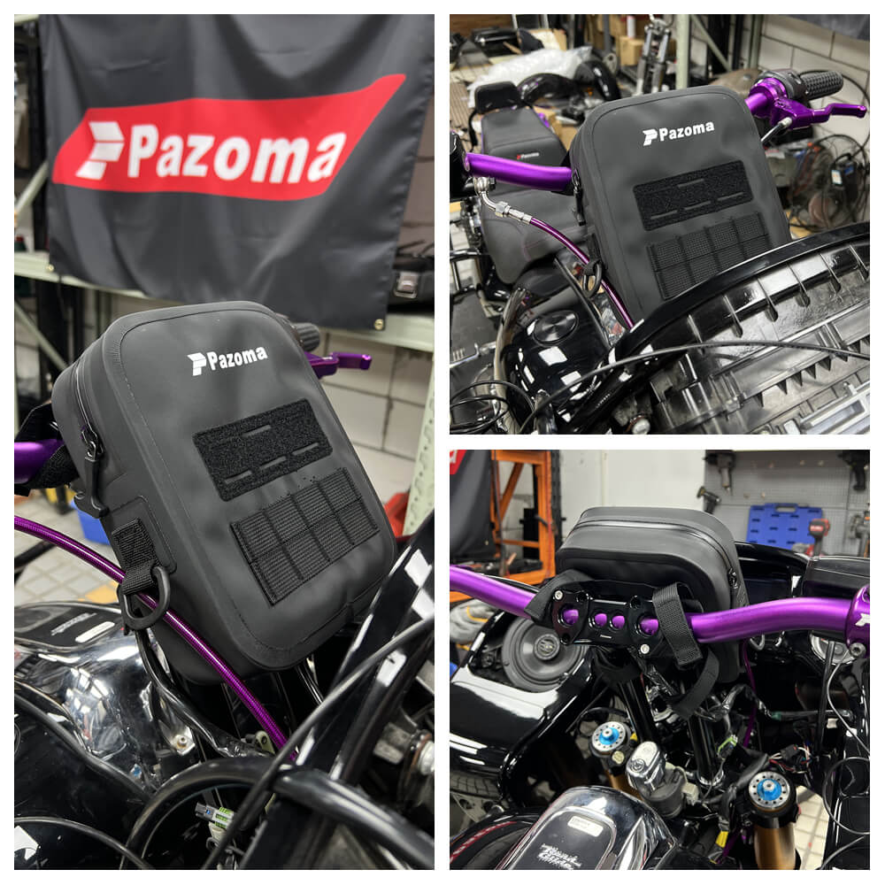 Pazoma waterproof motorcycle handlebar bag with tactical design, fits Harley Softail, Dyna, and Sportster models, mounted on handlebars.