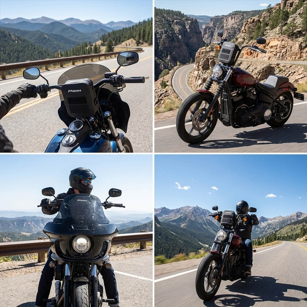 Pazoma waterproof motorcycle handlebar bag with tactical design, fits Harley Softail, Dyna, and Sportster models.
