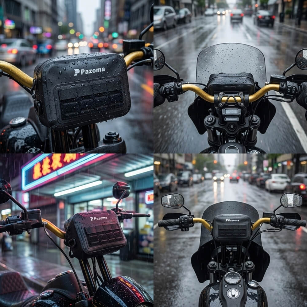 Pazoma waterproof motorcycle handlebar T-bar bag with airtight zipper, designed for Harley Dyna Softail, ideal for all-weather riding.