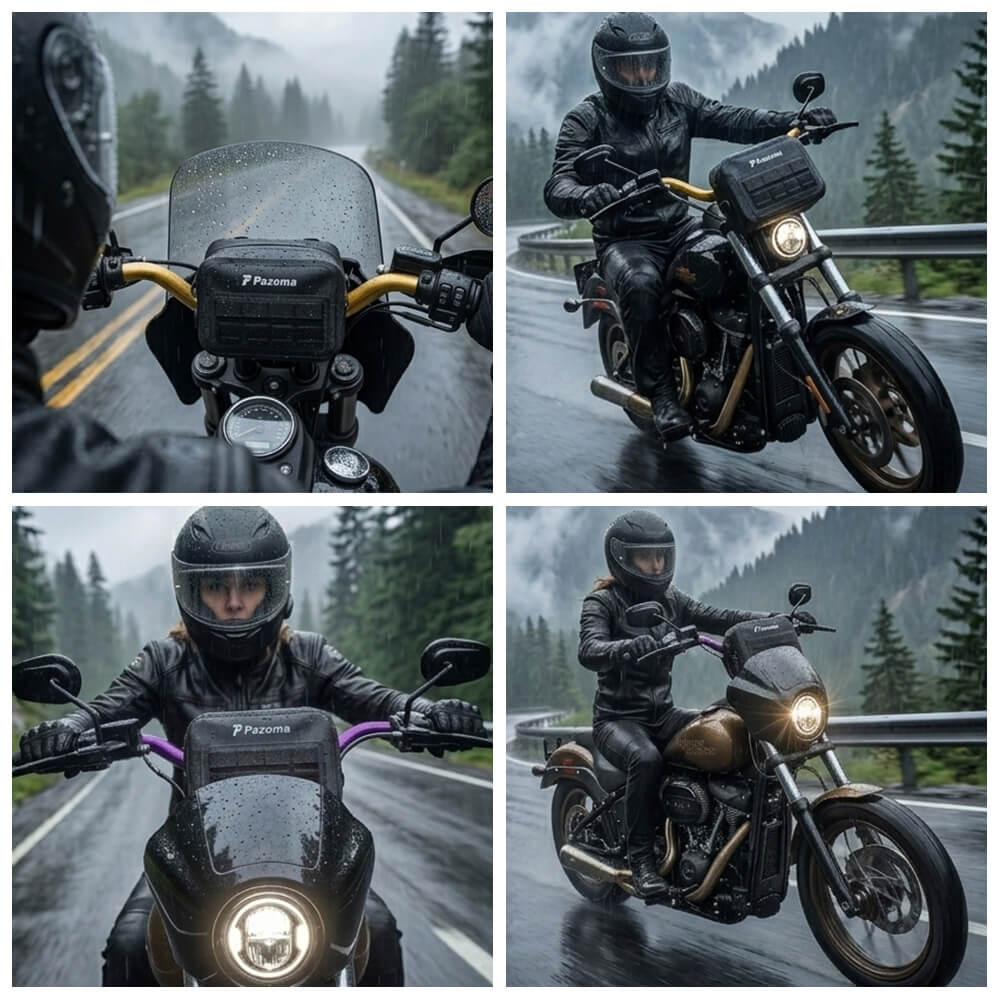 Pazoma waterproof motorcycle handlebar T-bar bag with airtight zipper, designed for Harley Dyna and Softail all-weather riding.