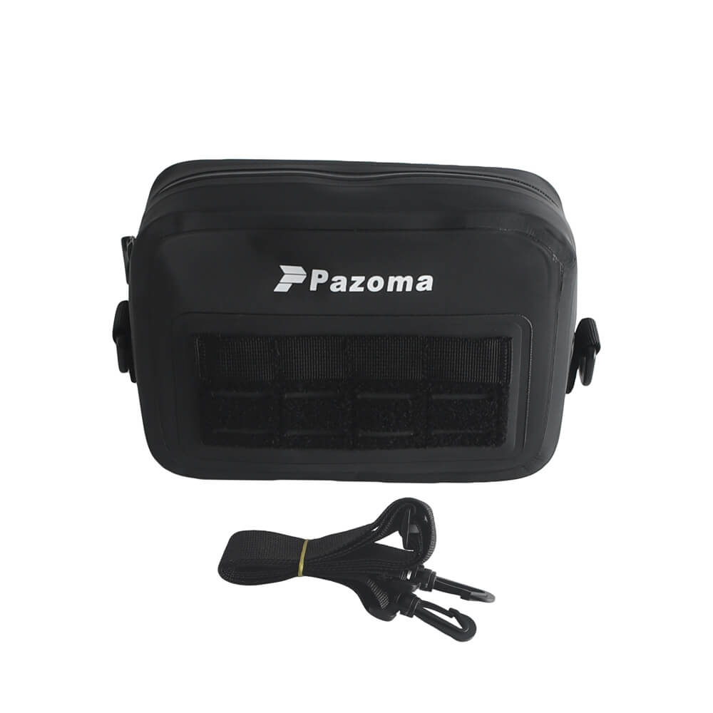 Pazoma waterproof motorcycle handlebar T-bar bag with airtight zipper, suitable for Harley Dyna and Softail all-weather riding.