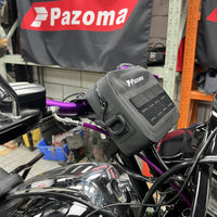 Pazoma waterproof motorcycle handlebar T-Bar bag with airtight zipper, mounted on Harley Dyna Softail for all-weather riding storage