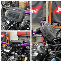 Pazoma waterproof motorcycle handlebar T-bar bag with airtight zipper, designed for all-weather riding on Harley Dyna and Softail models.