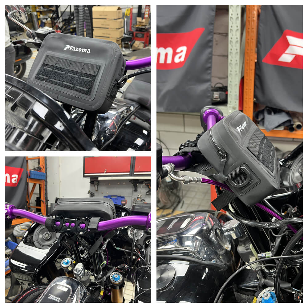 Pazoma waterproof motorcycle handlebar T-bar bag with airtight zipper, designed for all-weather riding on Harley Dyna and Softail models.