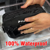 Pazoma waterproof motorcycle handlebar T-bar bag with airtight zipper, suited for Harley Dyna and Softail all-weather riding.