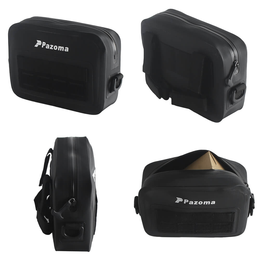 Pazoma waterproof motorcycle handlebar T-Bar bag with airtight zipper, designed for Harley Dyna and Softail all-weather riding.