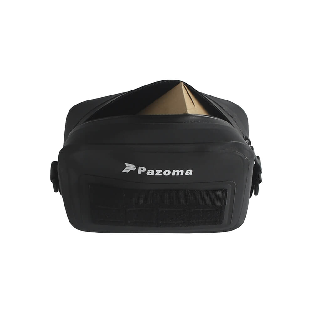 Pazoma waterproof motorcycle handlebar T-bar bag with airtight zipper, designed for Harley Dyna and Softail all-weather riding.