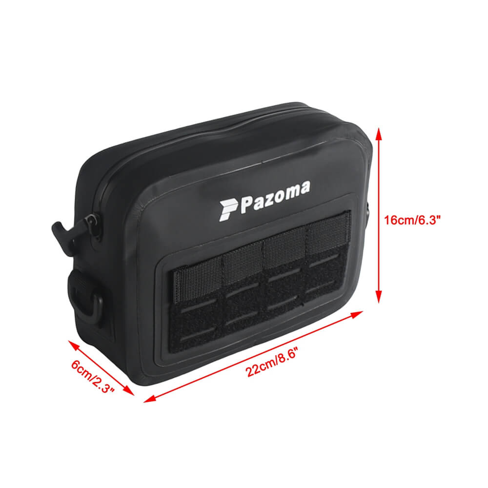 Pazoma waterproof motorcycle handlebar T-bar bag with airtight zipper, suitable for Harley Dyna and Softail all-weather riding.