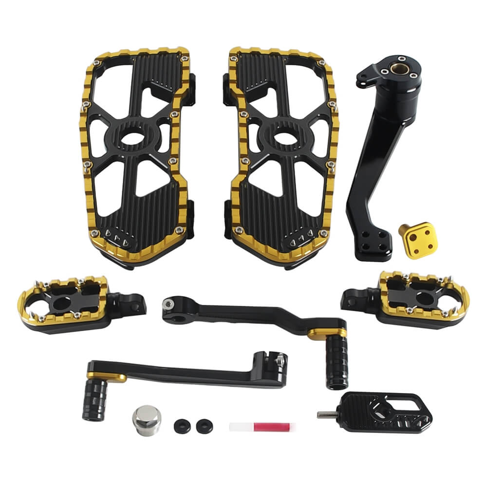CNC aluminum Harley Touring Bagger MX floorboards with shift and brake levers kit, compatible with Street Road Glide FLHX FLTR 2014-2026