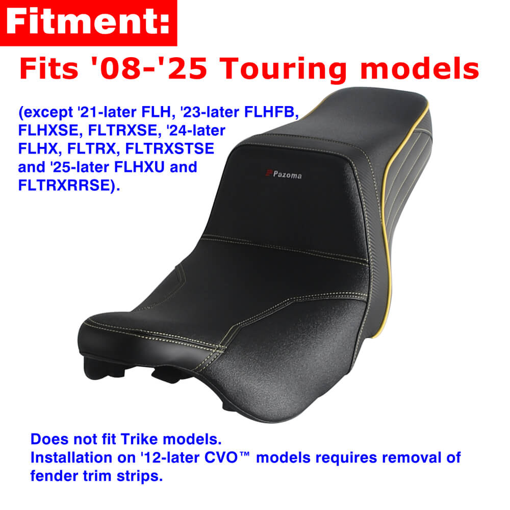 Harley Touring LS Step 2-up gel pad seat by Pazoma, designed for 2008-2025 Harley FL Road Glide, Street Glide, and Road King motorcycles.
