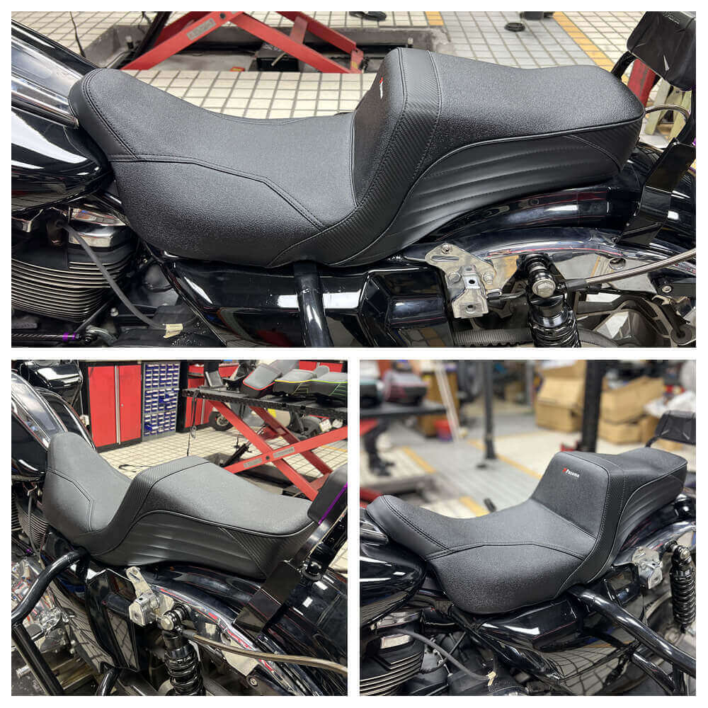Harley Touring Pazoma LS 2-Up Gel Pad Seat for 2008-2025 Road Glide, Street Glide, and Road King motorcycles, close-up view.