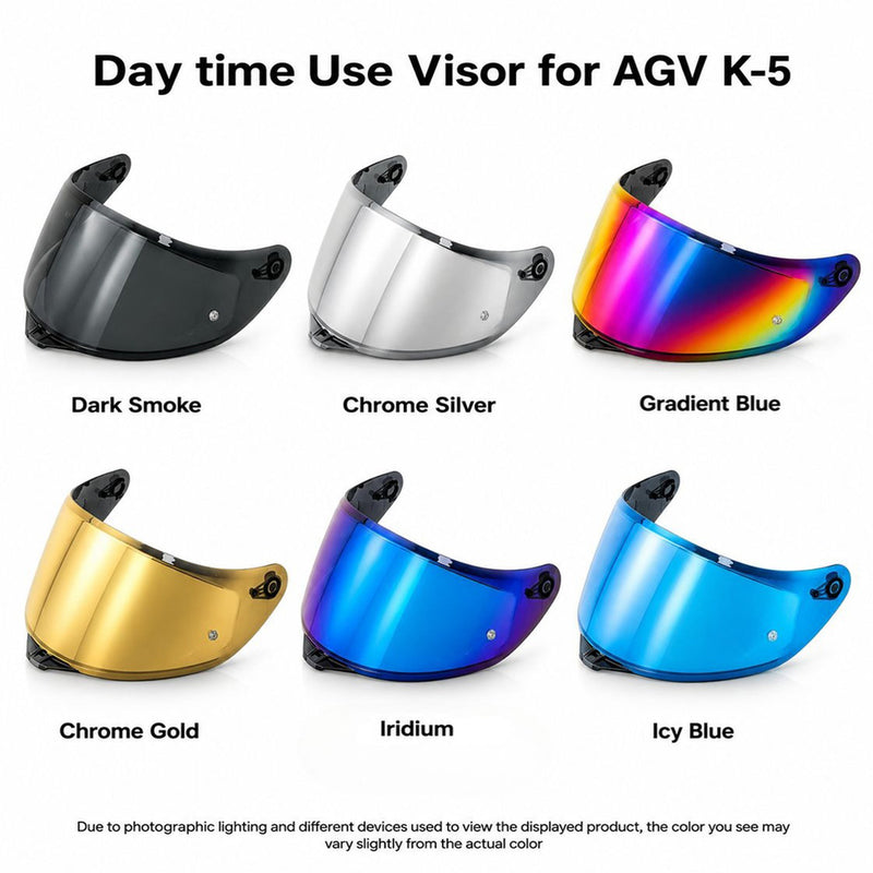 Tinted and spectra mirror finish helmet visor for AGV K5 K5S motorcycle helmets by MC Motoparts, designed for daytime riding.