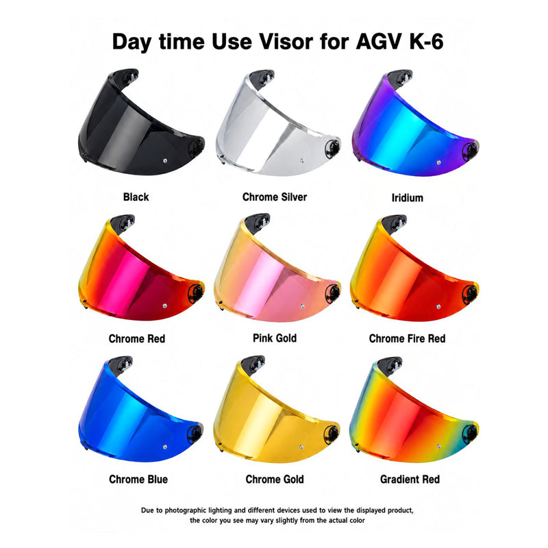 Tinted and spectra mirror finish helmet visor for AGV K6 and K6S motorcycle helmets by MC Motoparts, suitable for daytime riding.