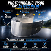 Photochromic helmet visor for LS2 Assault Stream Rapid Storm helmets, clear to dark transition, by MC Motoparts.