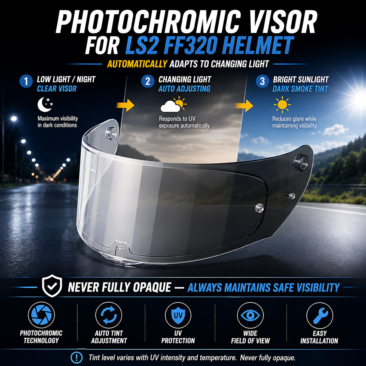 Photochromic helmet visor for LS2 Assault Stream Rapid Storm helmets, clear to dark transition, by MC Motoparts.