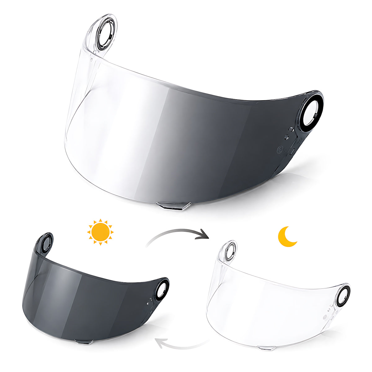 Photochromic helmet visor for LS2 FF396, FF358, FF300 from MC Motoparts, clear to dark transition for versatile riding visibility.