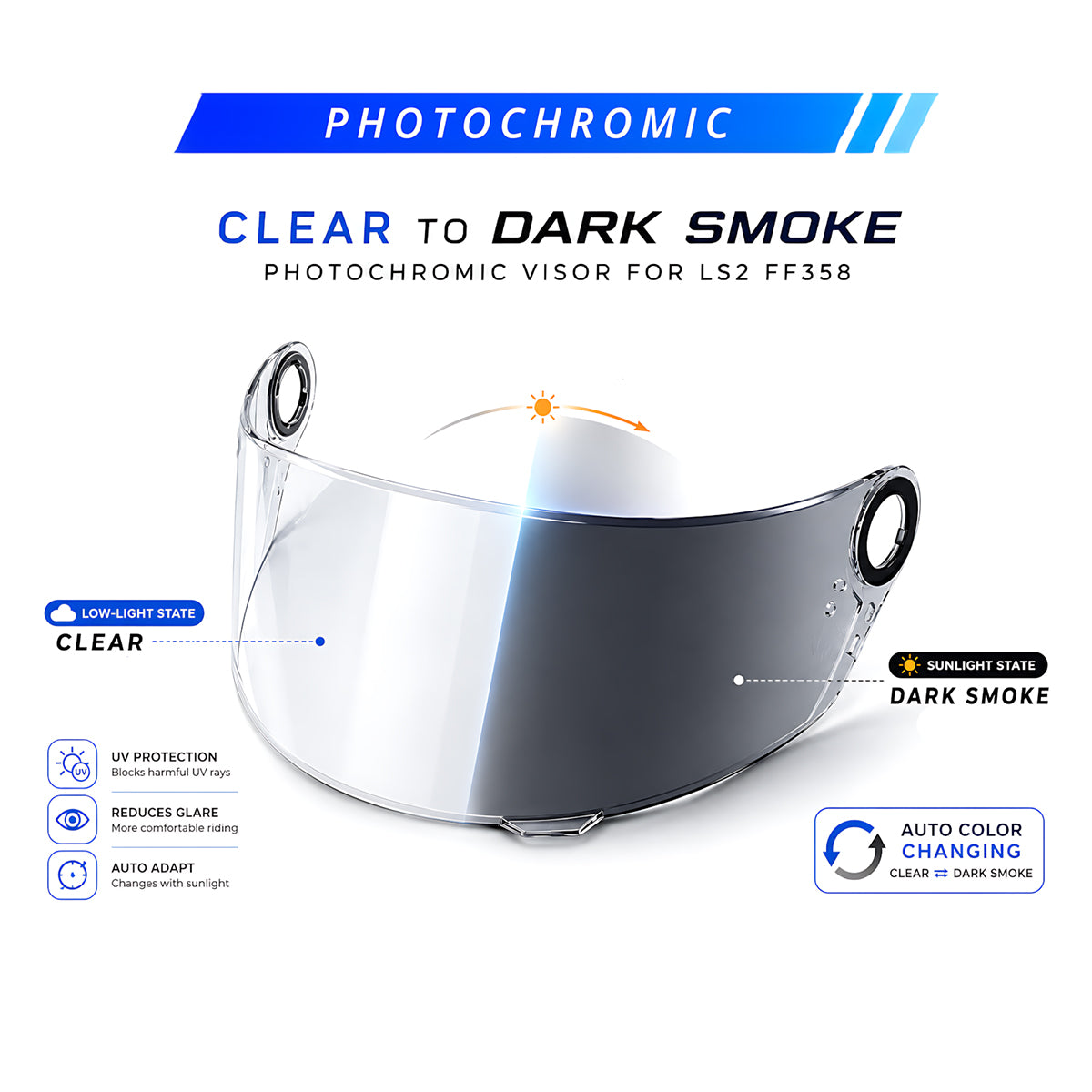 Photochromic helmet visor for LS2 FF396, FF358, FF300 helmets by MC Motoparts, showing clear to dark transition in detail.