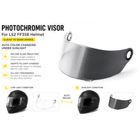 Photochromic helmet visor for LS2 FF396 FF358 FF300, clear to dark transition, by MC Motoparts, shown with reflective surface and mounting details.