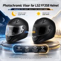 Photochromic helmet visor for LS2 FF396, FF358, FF300 by MC Motoparts, showing clear to dark transition in detailed close-up.