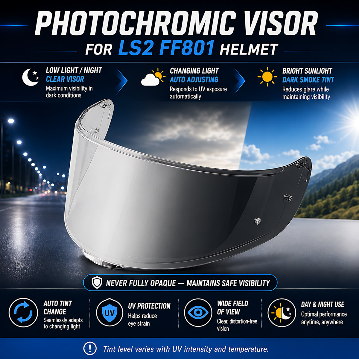 Photochromic LS2 Citation Sedici Strada 2/3 FT2 Vector helmet visor by MC Motoparts, clear to dark transition, detailed view