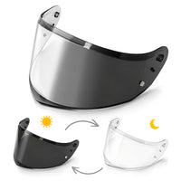 Photochromic LS2 Stream 2 helmet visor by MC Motoparts showing clear to dark transition in a close-up shot.