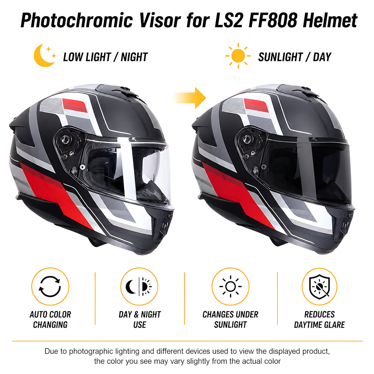 Photochromic LS2 Stream 2 helmet visor by MC Motoparts, clear to dark transition, showing the tinted and clear modes.