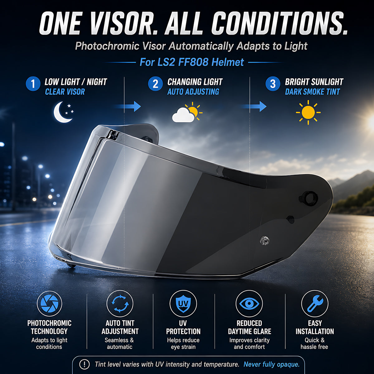 Photochromic LS2 Stream 2 helmet visor by MC Motoparts, clear to dark transition, shown with reflective surface and detailed close-up.