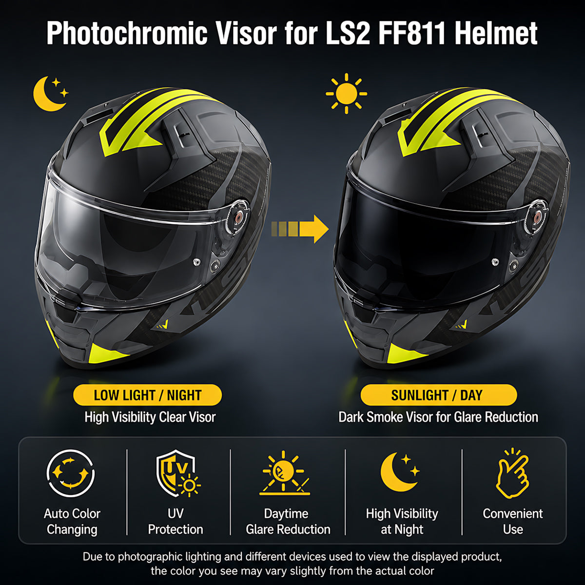 Photochromic LS2 Vector 2 Citation 2 helmet visor by MC Motoparts, clear to dark transition, shown on helmet.
