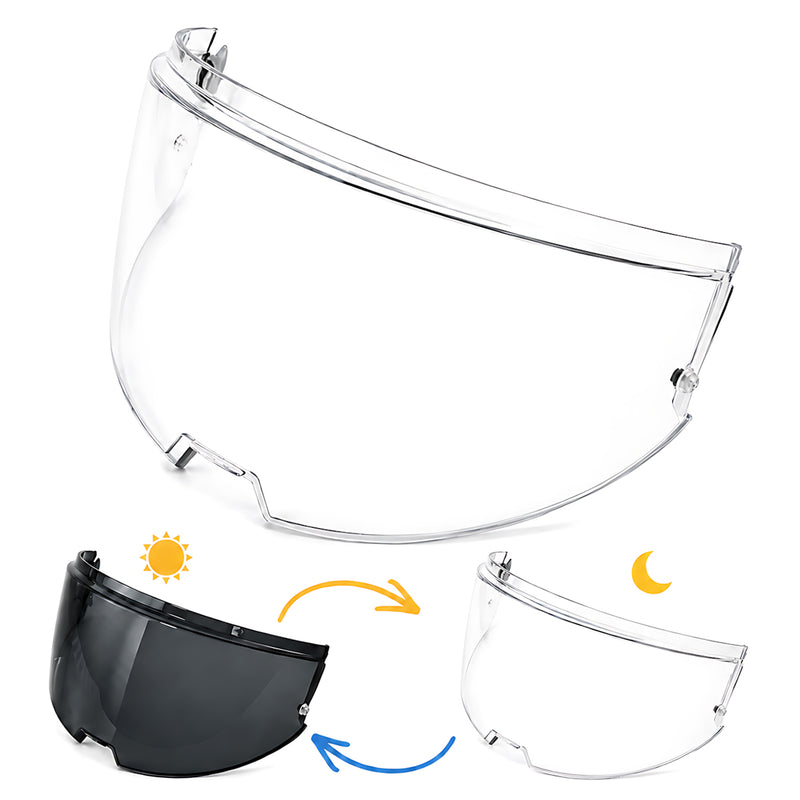 Photochromic LS2 Advant helmet visor from MC Motoparts, clear to dark transition, shown on a motorcycle helmet.