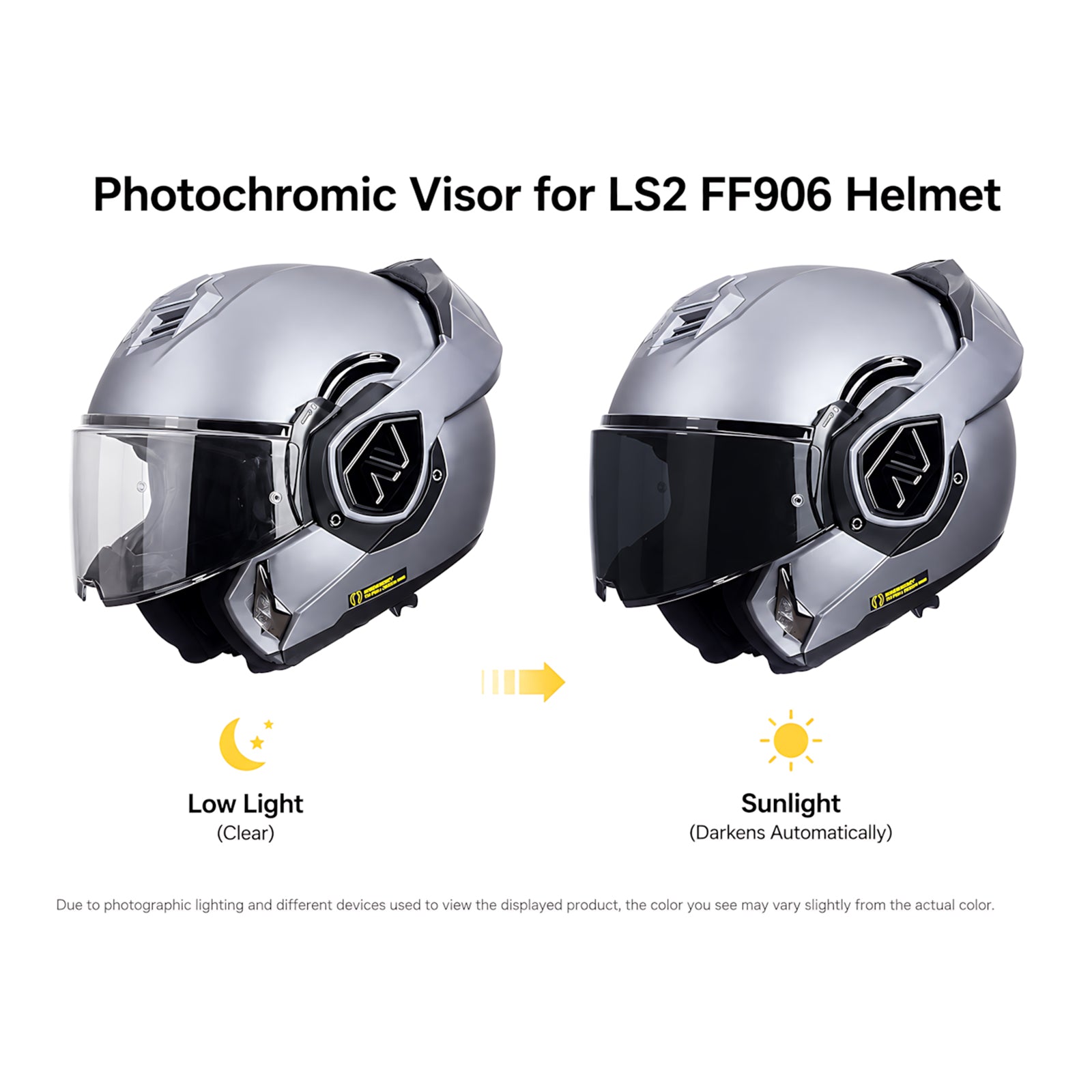 Photochromic LS2 Advant helmet visor from MC Motoparts, clear to dark transition, shown in detail on the FF906 model.