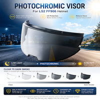 Photochromic LS2 Advant helmet visor from MC Motoparts, showing clear to dark transition in a close-up image.