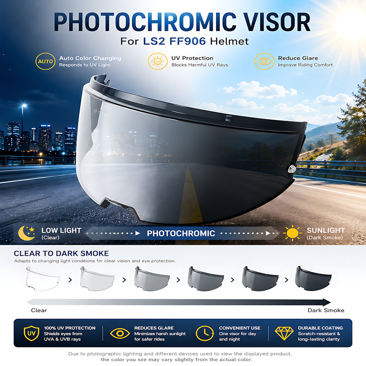 Photochromic LS2 Advant helmet visor from MC Motoparts, showing clear to dark transition in a close-up image.