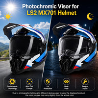 Photochromic LS2 Explorer helmet visor by MC Motoparts, transitioning from clear to dark for versatile riding visibility.