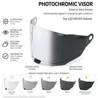 Photochromic LS2 Explorer helmet visor by MC Motoparts, clear to dark transition, shown on MX701 helmet in detailed view.