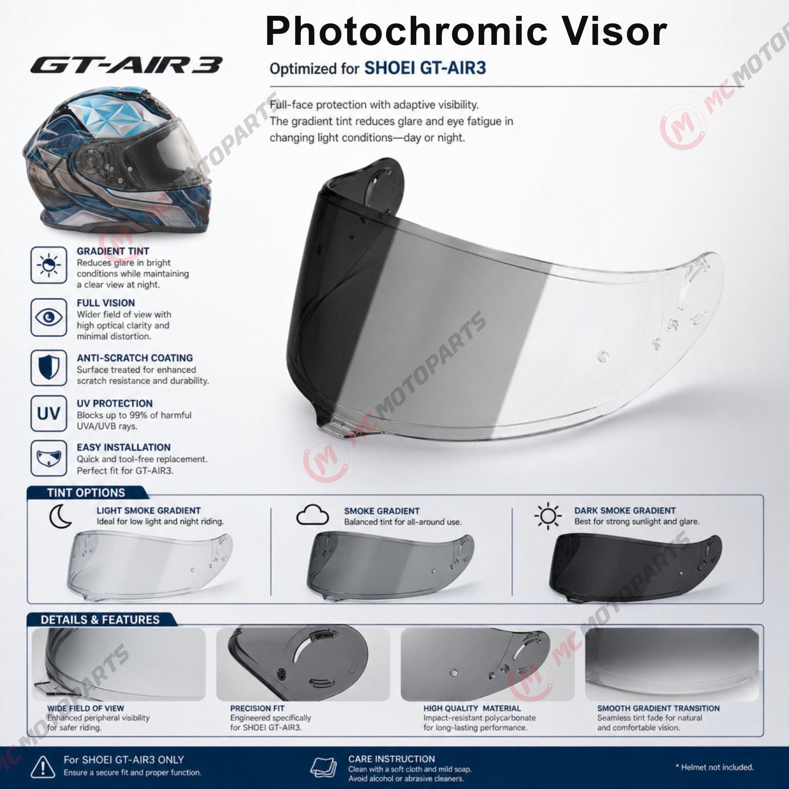 Shoei GT-Air 3 helmet visor by MC Motoparts, photochromic tinted replacement visor with CNS-1C finish, shown in close-up detail.