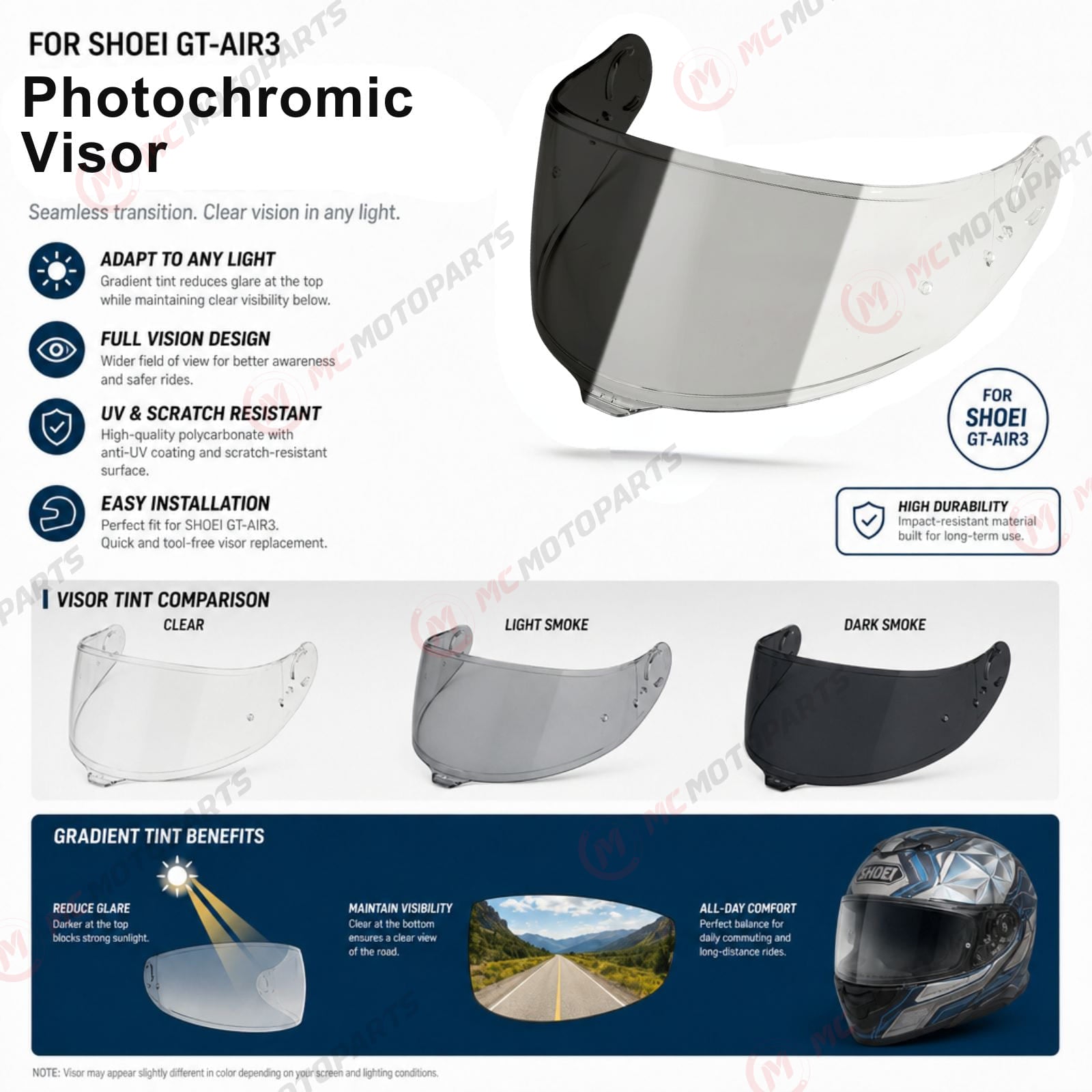 Photochromic tinted helmet visor for Shoei GT-Air 3 by MC Motoparts, showcasing the CNS-1C replacement helmet visor.